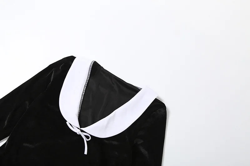 Bow Color Patchwork Velvet 2 Piece Set Women Elegant Sexy Peter Pan Collar Long Sleeve Tops + Bodycon Mini Skirts Casual Suits