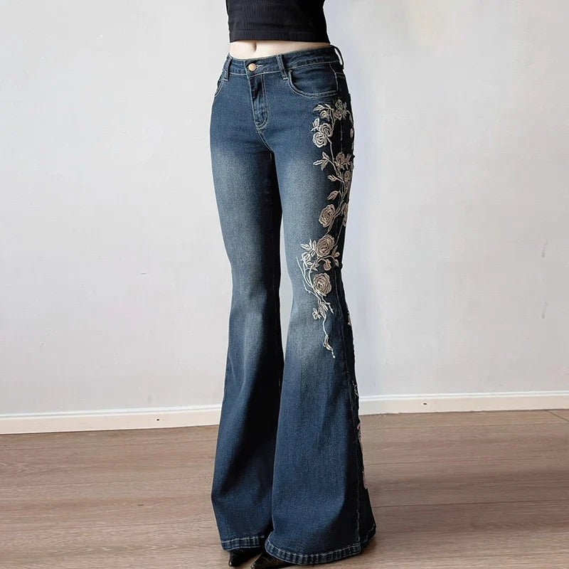 Y2K Rose Embroidered Trumpet Jeans Women Fashion Aesthetic Slim Flare Pants Vintage Blue 2000s Denim Trousers Spring