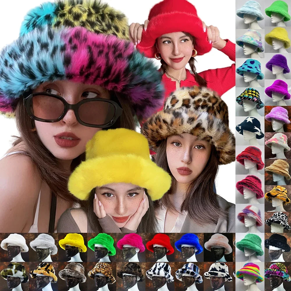 Winter 58-60cm XL Faux Fur Bucket Hat For Women Outdoor Warm Luxury Oversize Fisherman Hat Girl Trendy Party Long Fur Panama Cap