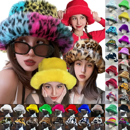 Winter 58-60cm XL Faux Fur Bucket Hat For Women Outdoor Warm Luxury Oversize Fisherman Hat Girl Trendy Party Long Fur Panama Cap