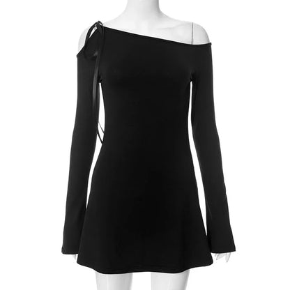 Long Sleeve One Shoulder Graceful Ribbon Tie-Up Mini Dress