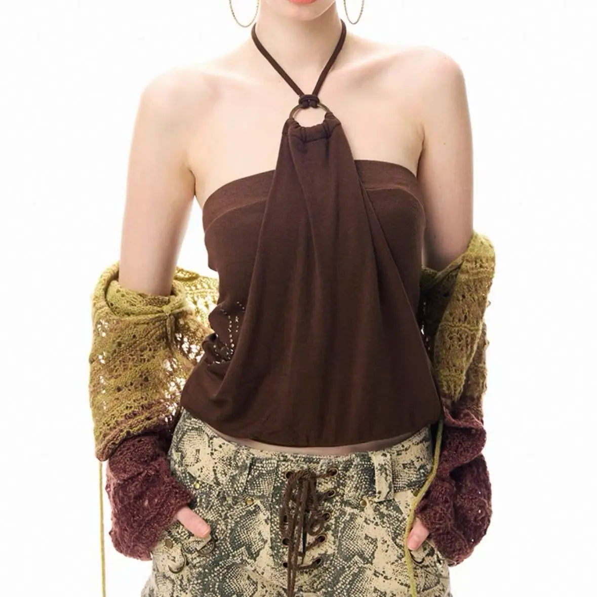 Two-in-One Layered Halter Y2K Baddie Style Crop Top Figure-Flatching Summer Going-Out Shirt