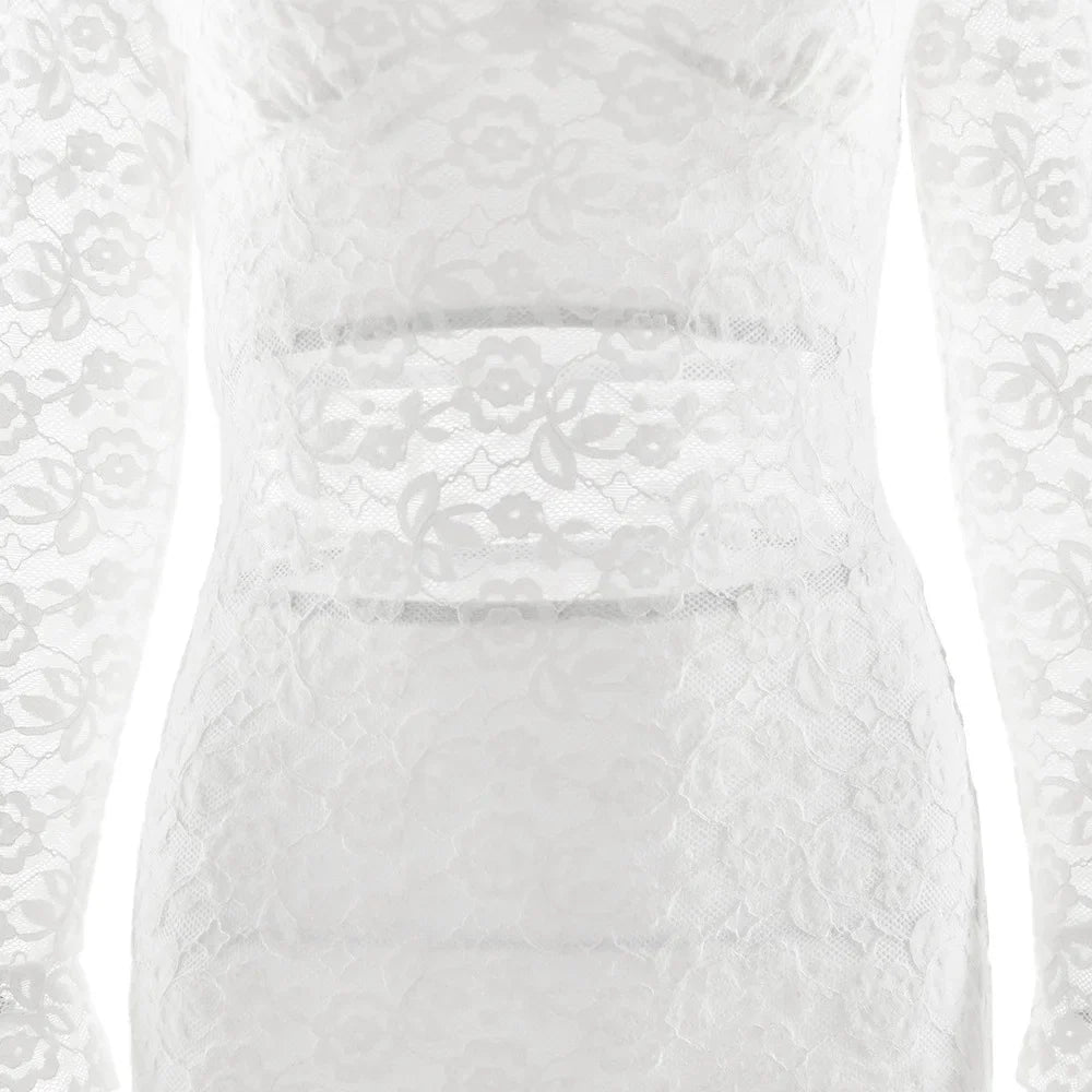 V Neck Lace Long Dress Solid Women See Through High Waist Patchwork Slim Dress Elegant Female Date Party Evening Dress