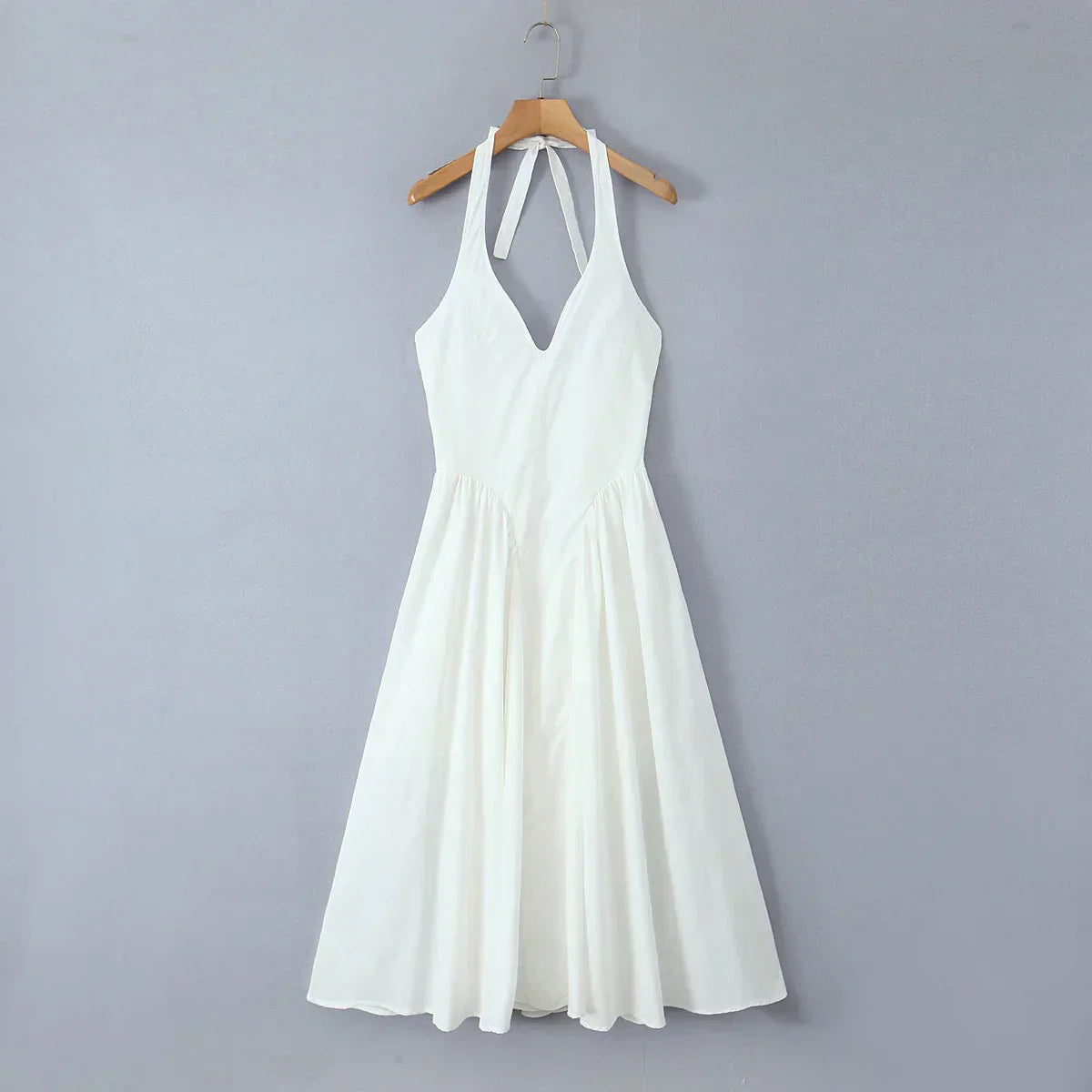 Halter Deep V Drop Waist Gathered Full Skirt Midi Dress