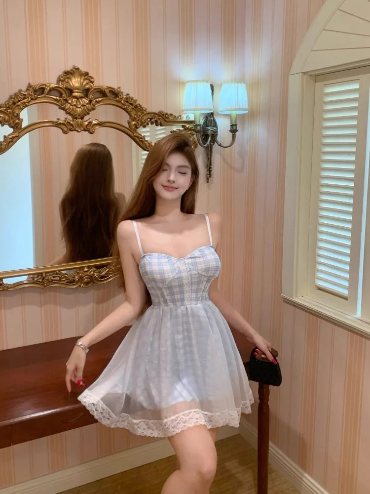 Sexy Sweet Mini Dresses Women Elegant Plaid Hollow Out Backless Slim Mesh Patchwork Party Mini Dress Female Fashion