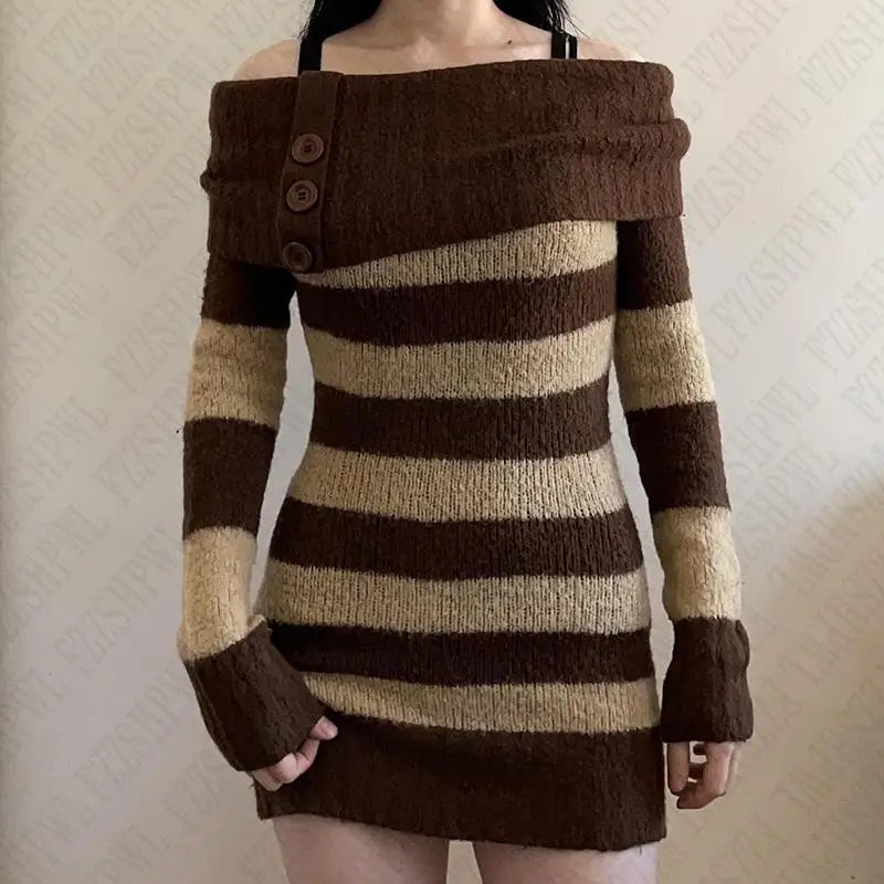 Stripe Y2k Knitted Dress Aesthetics Graphic Print Slim Punk Knitt Frock Fashion Grunge Goth Button Skirt Streetwear Retro Hiphop