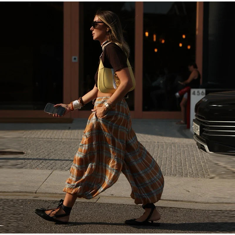 Retro Plaid Loose Jogger Pant Women Chic Casual Drawstring Long Pants Female 2025 Autumn Versatile Fashion Street Trousers