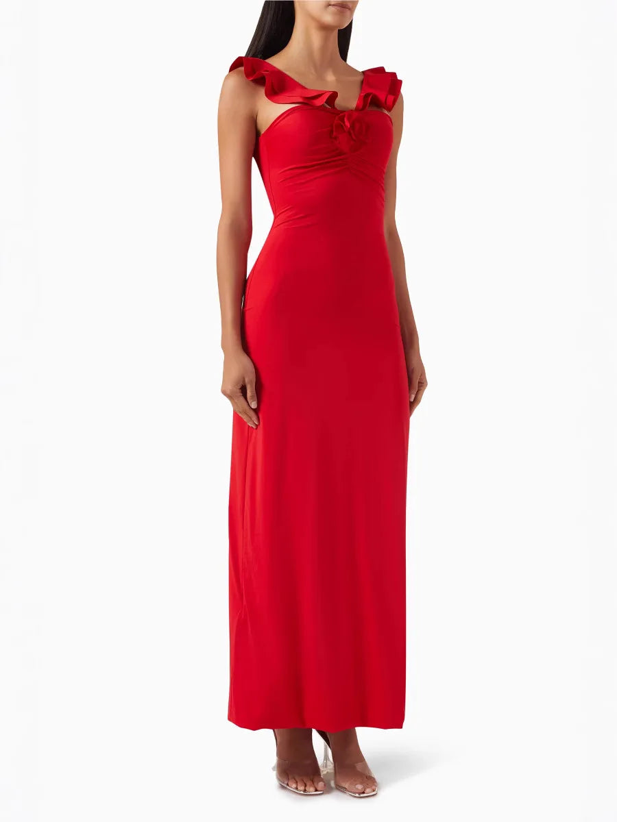 Strapless Cascading Ruffle Flower Rosette Column Maxi Dress