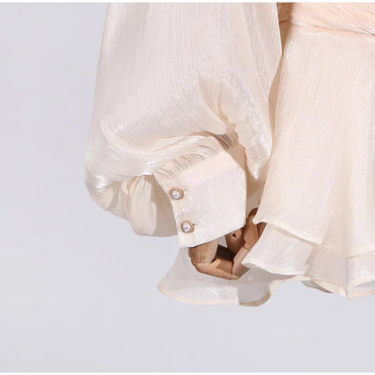 Keyhole Tie Neck Pleated Bishop Sleeve Tiered Ruffle Skirt Set