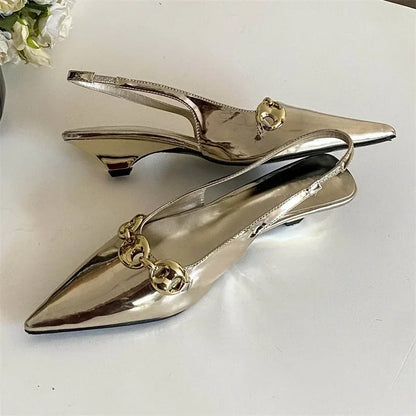 Sexy Pointed Toe Thin Low Heel Slingbacks Sandals Women Summer Elegant Metal Chain Decoration Women Pumps Casual Mules Shoes
