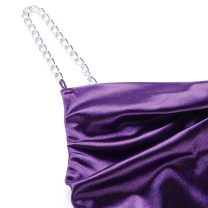 Satin Cowl Neck Chain Strap Ruched Asymmetrical Hem Mini Dress