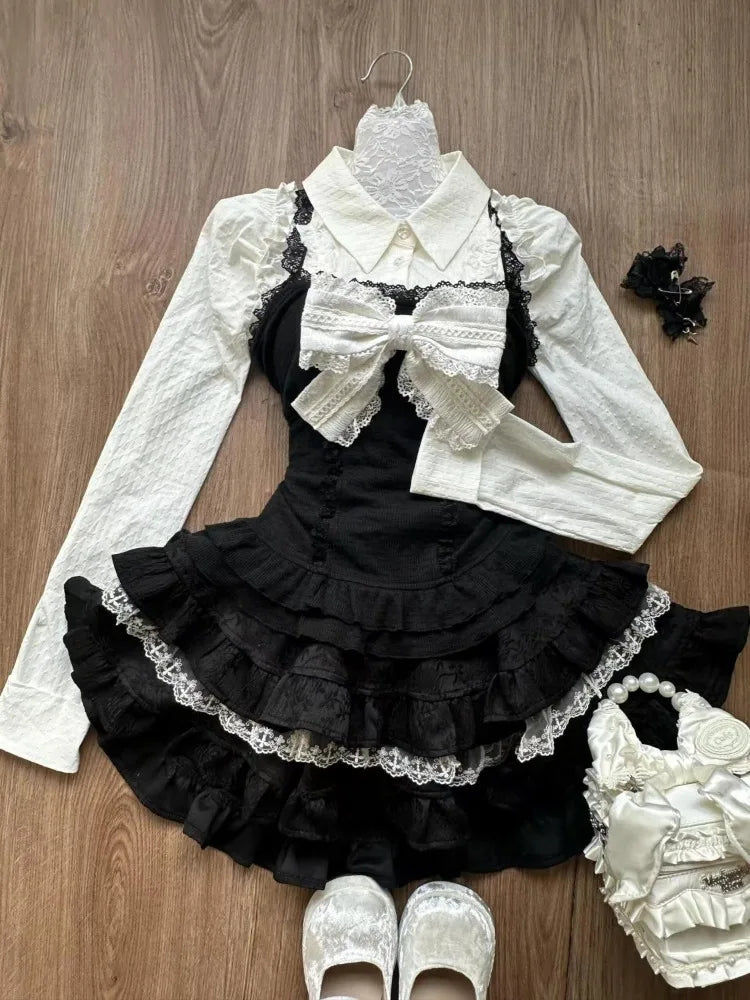 Sweet All-match Fungus Long Sleeve Shirts+ Y2k Sexy Slim Waist Lace Vest+ Hight Waist Ruched Cake Skirts Three Piece Sets