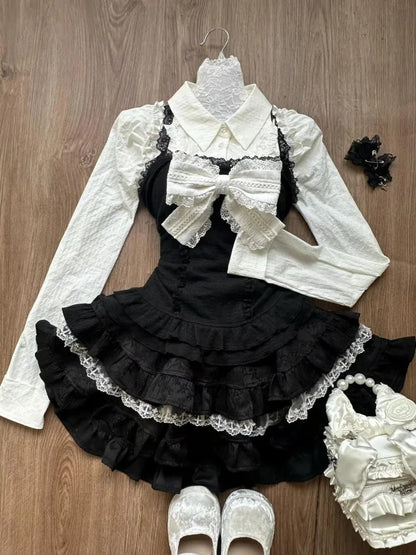 Sweet All-match Fungus Long Sleeve Shirts+ Y2k Sexy Slim Waist Lace Vest+ Hight Waist Ruched Cake Skirts Three Piece Sets