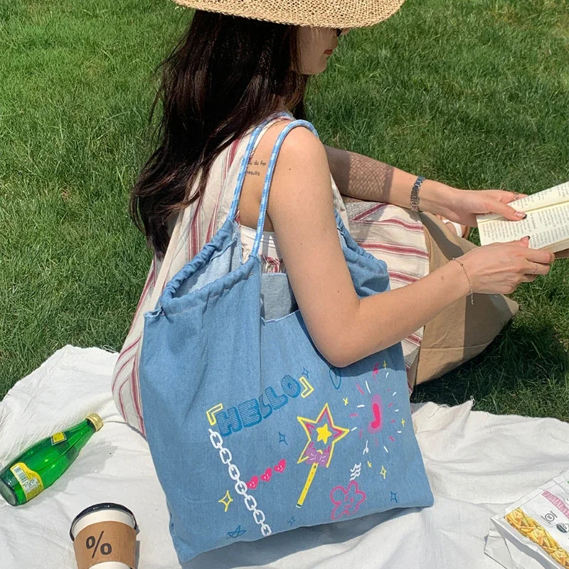 High-capacity Personality Graffiti Denim Handbags Y2k Kawaii Letter Print Tote Bags Women Preppy Sweet Ins Shoulder Underarm Bag