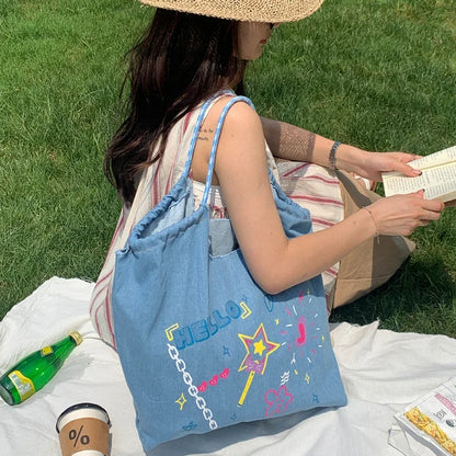 High-capacity Personality Graffiti Denim Handbags Y2k Kawaii Letter Print Tote Bags Women Preppy Sweet Ins Shoulder Underarm Bag