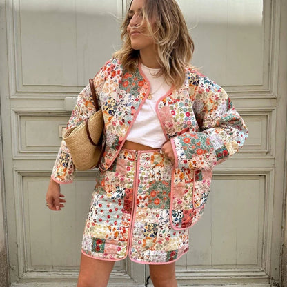Ethnic Floral Print Parkas Coats for Women Casual O-neck Long Sleeve Winter Warm Quilted Coat 2 Piece Parkas Outwears