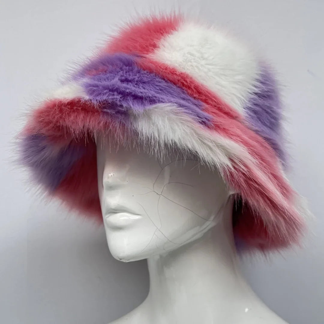 Winter 58-60cm XL Faux Fur Bucket Hat For Women Outdoor Warm Luxury Oversize Fisherman Hat Girl Trendy Party Long Fur Panama Cap