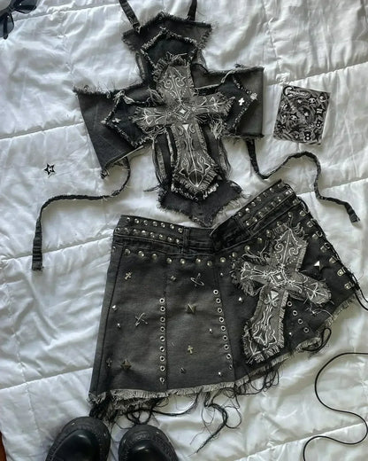 Y2K Suspender Leather Short Skirt Two Piece Set Feminine Lace Personalized Design Punk Motorcycle Style Mini Leather Skirt Suit