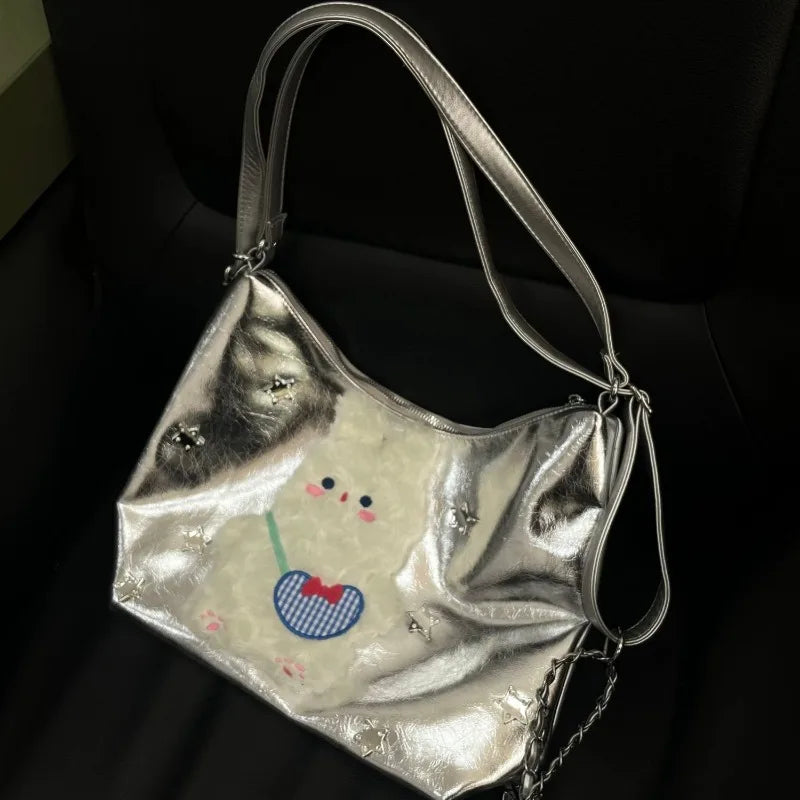 Vintage Y2k Womens Tote Bag Cute Bunny Patchwork Silver Fashion Shoulder Bag Pu Leather Large Capacity New Casual Backpack