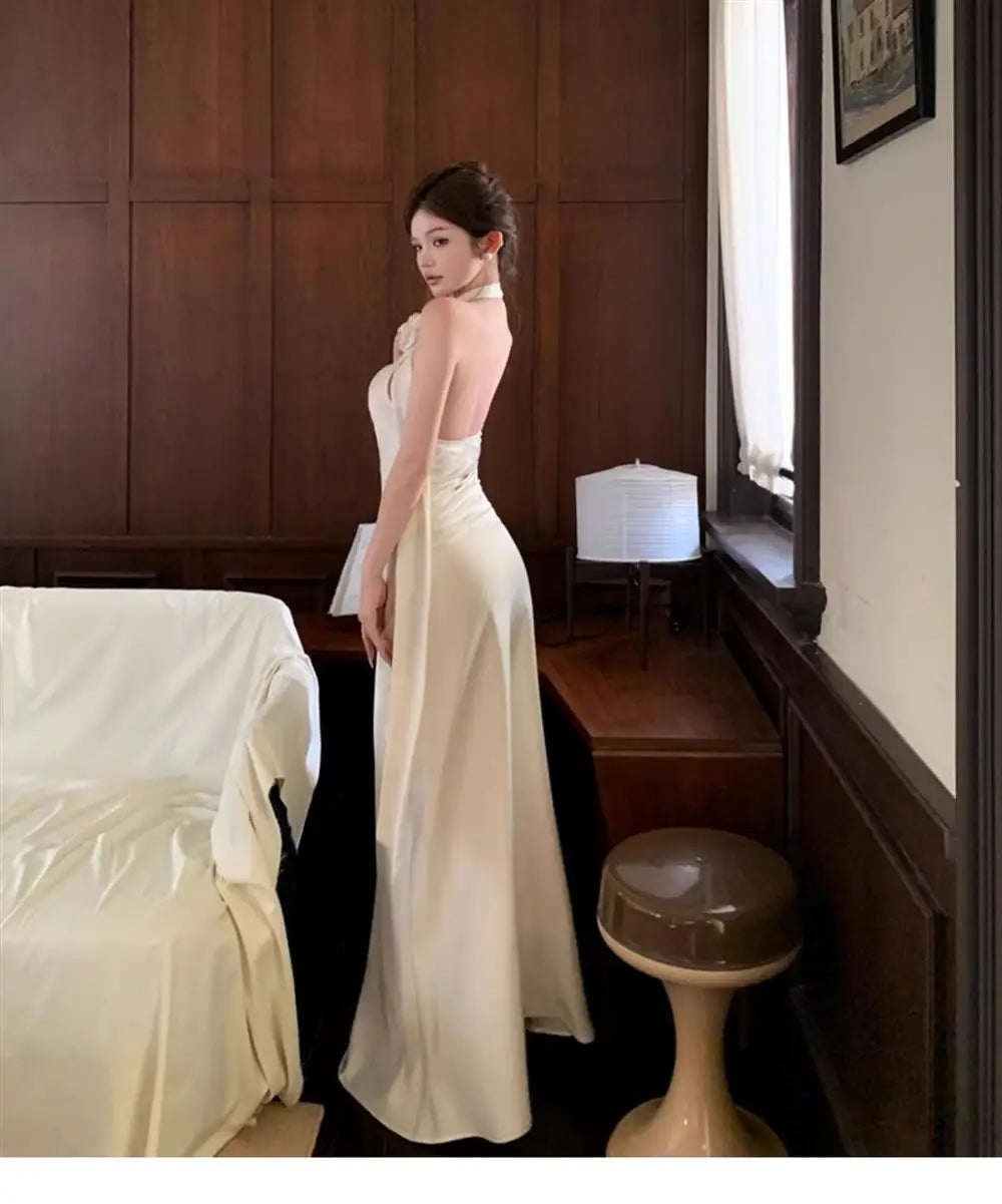 Stunning Strapless Gown Women's Summer Sexy Backless Sash Long Dress Banquet Silk Evening Gown Slim Fit Wrap Style without Sl...