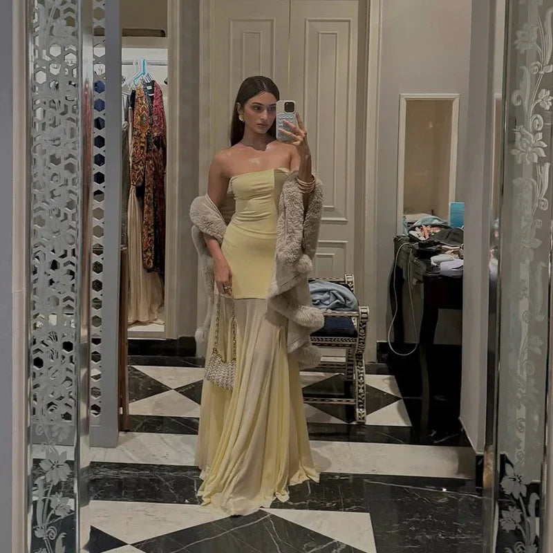 Sexy Strapless Spliced Long Fishtail Dress Women Sleeveless Backless See Through Party Dresses 2025 Summer Lady Elegant Robes
