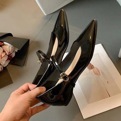 Women 5cm Heels Wedges Mary Jane Thin Shoes Sexy Buckle Strap Pointed-toe Pumps Solid Color Patent Leather Heels Lady Work Shoes