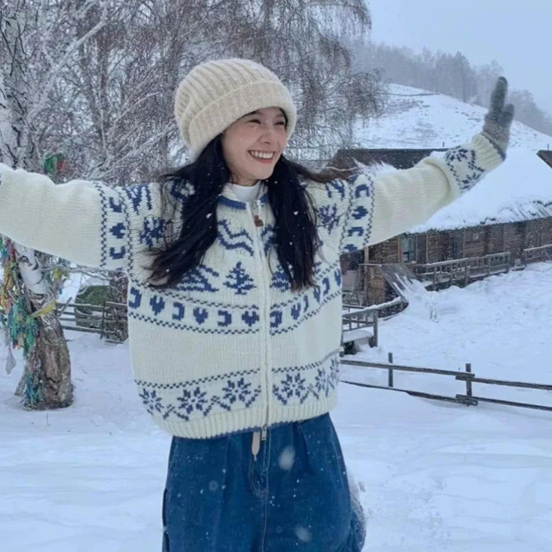 Vintage Autumn Winter Skiing Christmas Tree Sweater Women Loose Double Zipper Knit Cardigans European Elegant Jacket Outerwear