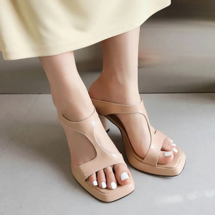 Shoes Ladies' Slippers Square Toe Big Size Low Women Heels High Block Rubber Rome Fabric Slides PU Hoof Shoes Square heel Womens