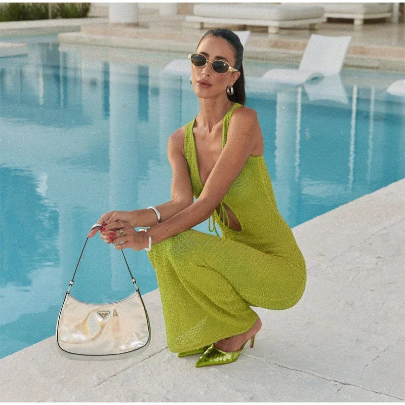 Beach Hollow Out Knit Long Dress Women Slim Sleeveless Lace Up V-neck Bodycon Dresses Female 2025 Summer Party Solid Robes