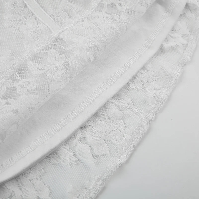 Elegant Fairy White Corset A-line Dress See Through Lace Square Collar Sexy Long Sleeve Short Dresses Aesthetic Sweet