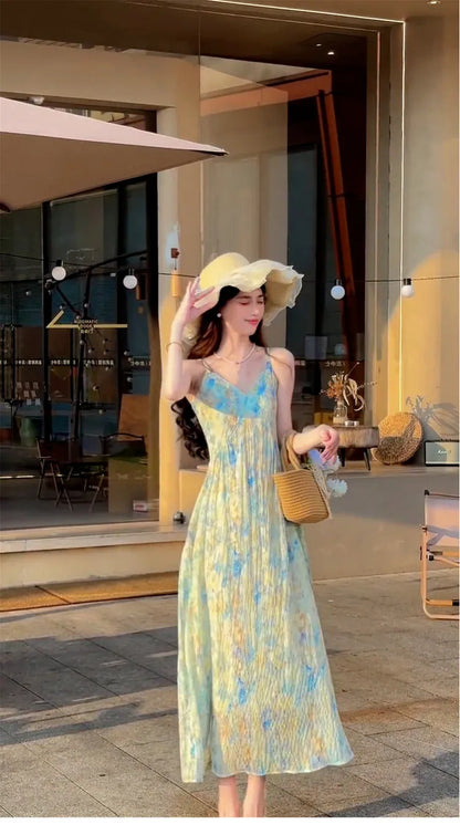 New Pink V-Neck Floral Print Halter Dress Women's Summer Vacation Style Long Dress Tea Break Sweet High Waist A-Line Skirt