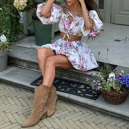 Lady Elegant One Neck Off Shoulder Suit Trendy Tie Up Top+Floral Bud Skirt 2pc Set French Floral Backless Beach Vacation Outfit