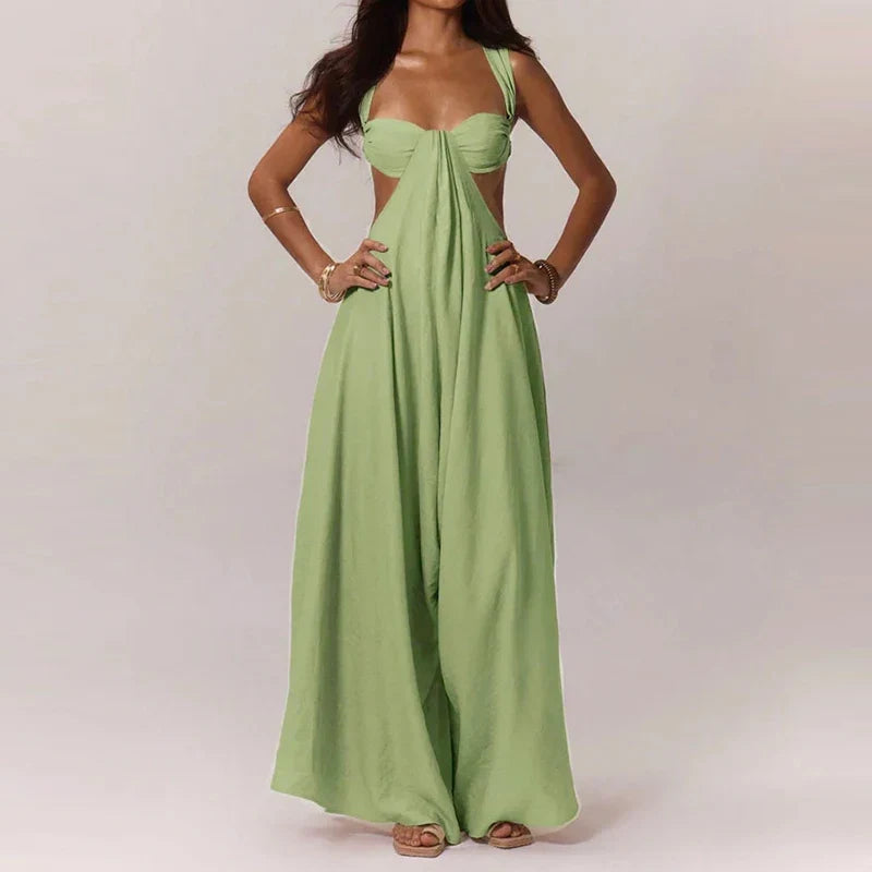 Fashion Hollow Waist Halter Wide Leg Jumpsuits Sexy Tube Top Sleeveless Solid Color Playsuits Lady High Street Commute Rompers