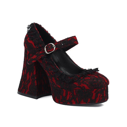 Lace Printed Fabric Platform Ultra-High Conical Heel Shallow Fashion High Heels Buckle Floral Fabric Elegant And Sexy Pumps