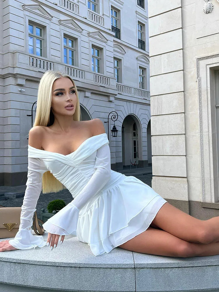 Off Shoulder Ruched Bell Sleeve Tiered Ruffle Mini Dress
