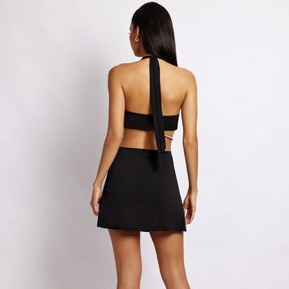 Rhinestone Trim Halter Neck Twist Cutout Bodycon Mini Dress