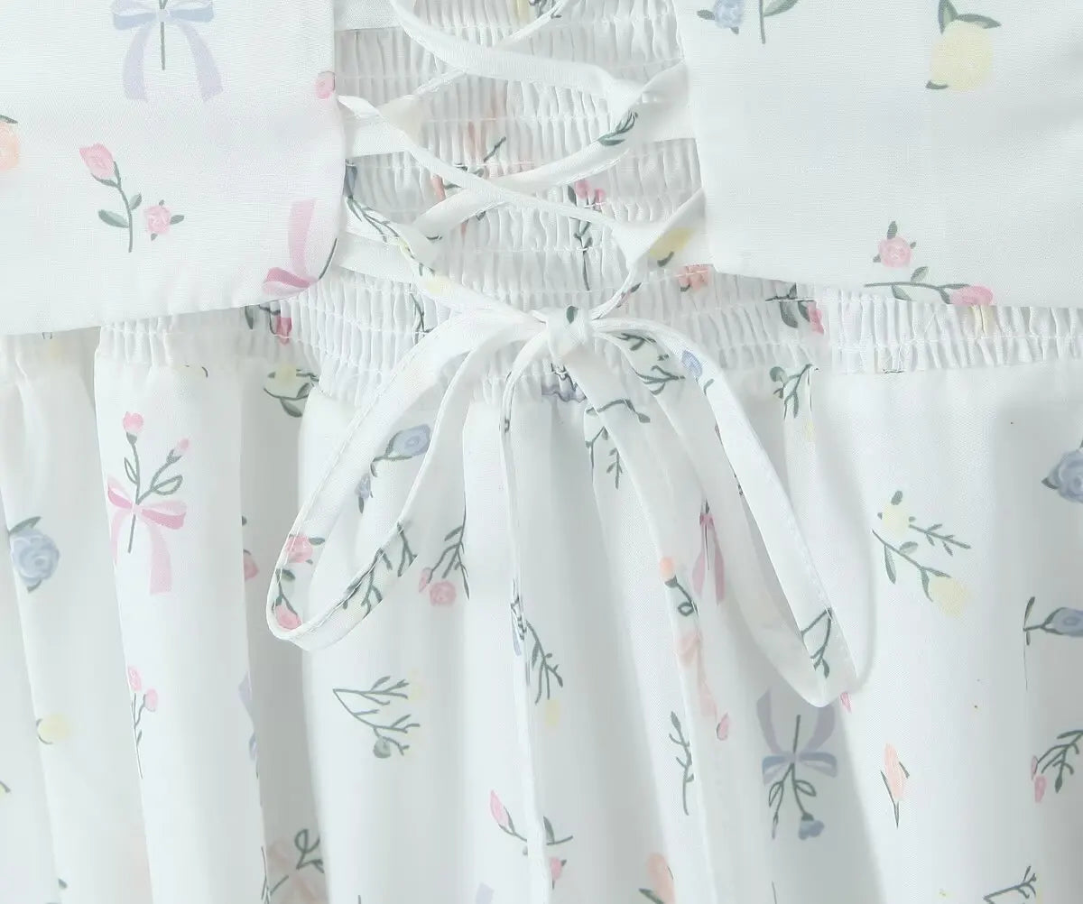 Floral Print Fishbone Slim Sling Mini Dress For Women Sexy Thin Straps Low Waist Holiday Party Summer Dresses Lace Up Back Robe