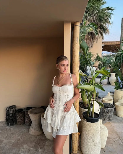Women Sexy Backless Sleeveless Layer Ruffles Hem Dresses Bandage Chest Wrapped A-line Mini Dress Summer Lady Vacation Beach Wear