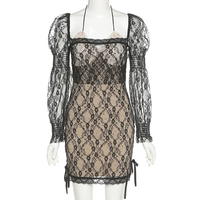 Sexy Halter Collar Hollow Out Lace Patchwork Puff Sleeve Mini Dress Bandage Hem Package Hips Ladies Party Robe