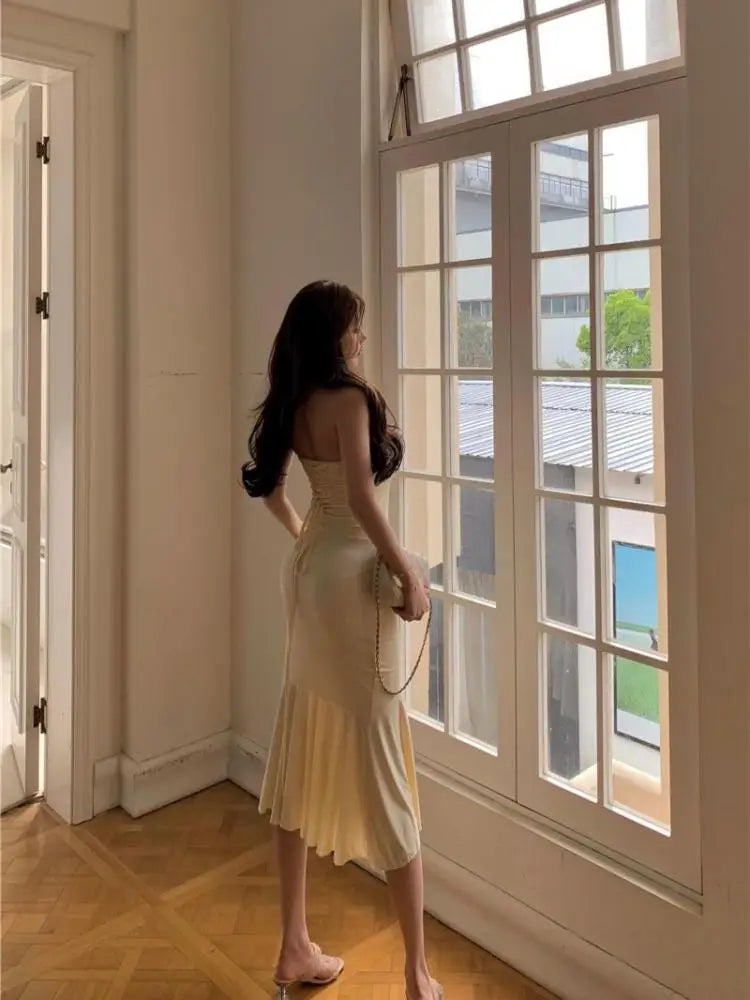 Summer Aesthetic Midi Dress Women Strapless Fishbone Bandage Irregular Dress Party Club Sexy Elegant Dresses Backless Solid