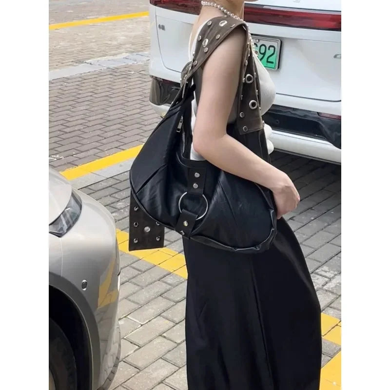 Y2k Punk Black Large Capacity Tote Bag Women Vintage Commuting Korean Trendy Shoulder Bag Motorcycle Designer Crossbody Bag