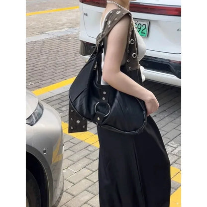 Y2k Punk Black Large Capacity Tote Bag Women Vintage Commuting Korean Trendy Shoulder Bag Motorcycle Designer Crossbody Bag