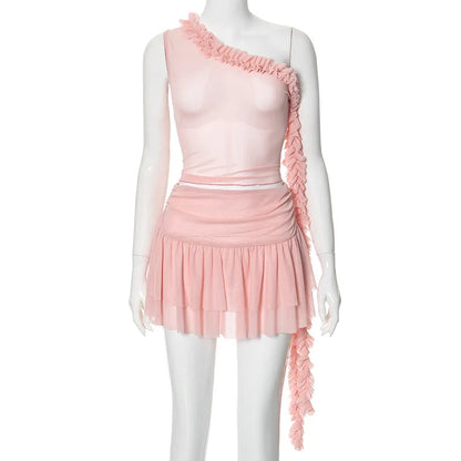 Summer Elegant Mesh Solid 2 Piece Set Women Sexy One Shoulder Lace Tassel Crop Tops Ruched Layered Mini Skirt Streetwear