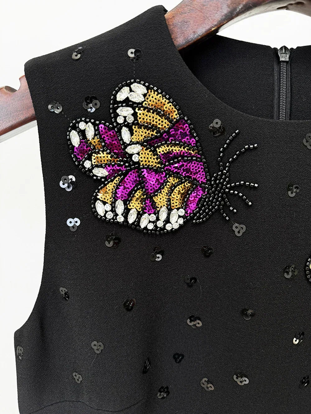 Crew Neck Butterfly Beaded Embellished Box Pleat Mini Dress