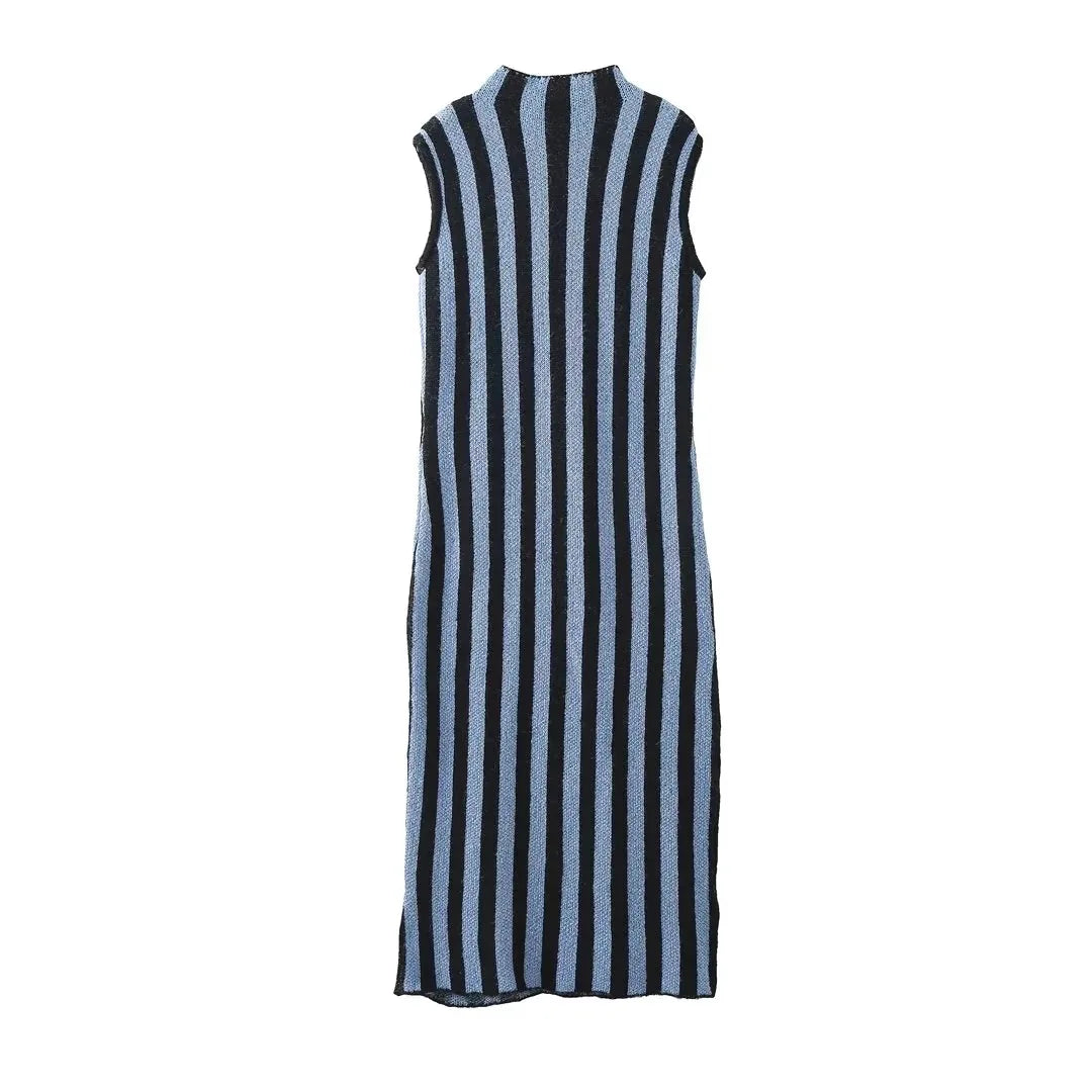 Women Half High Collar Side Slit Hem Sleeveless Sweater Robe Autumn Sexy Contrast Color Striped Knit Dress