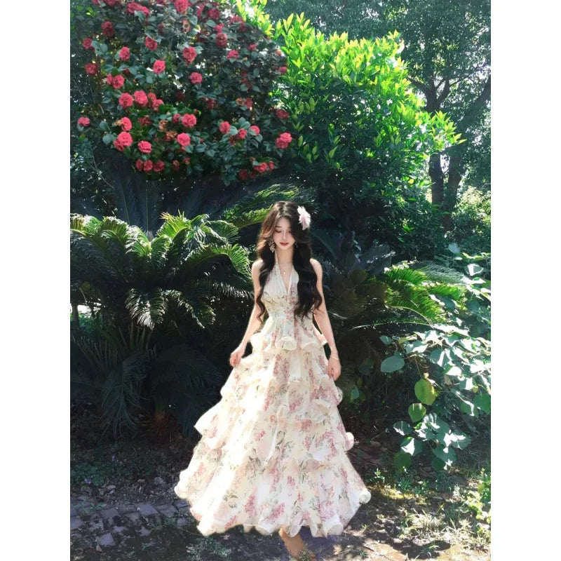 Summer Hot Selling Neckband Rose Flower V-neck Waist Cinched Cake Skirt Chiffon Long Skirt for Women