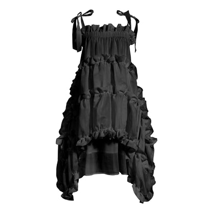 Dark Black Suspender Summer Dress for Women Irregular Ruffles Sweet Fairycore White Dresses Fashion Chic Lady Clothes