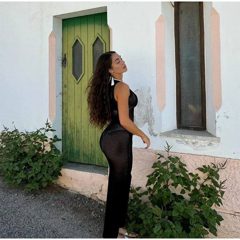 Beach Hollow Out Knit Long Dress Women Slim Sleeveless Lace Up V-neck Bodycon Dresses Female 2025 Summer Party Solid Robes