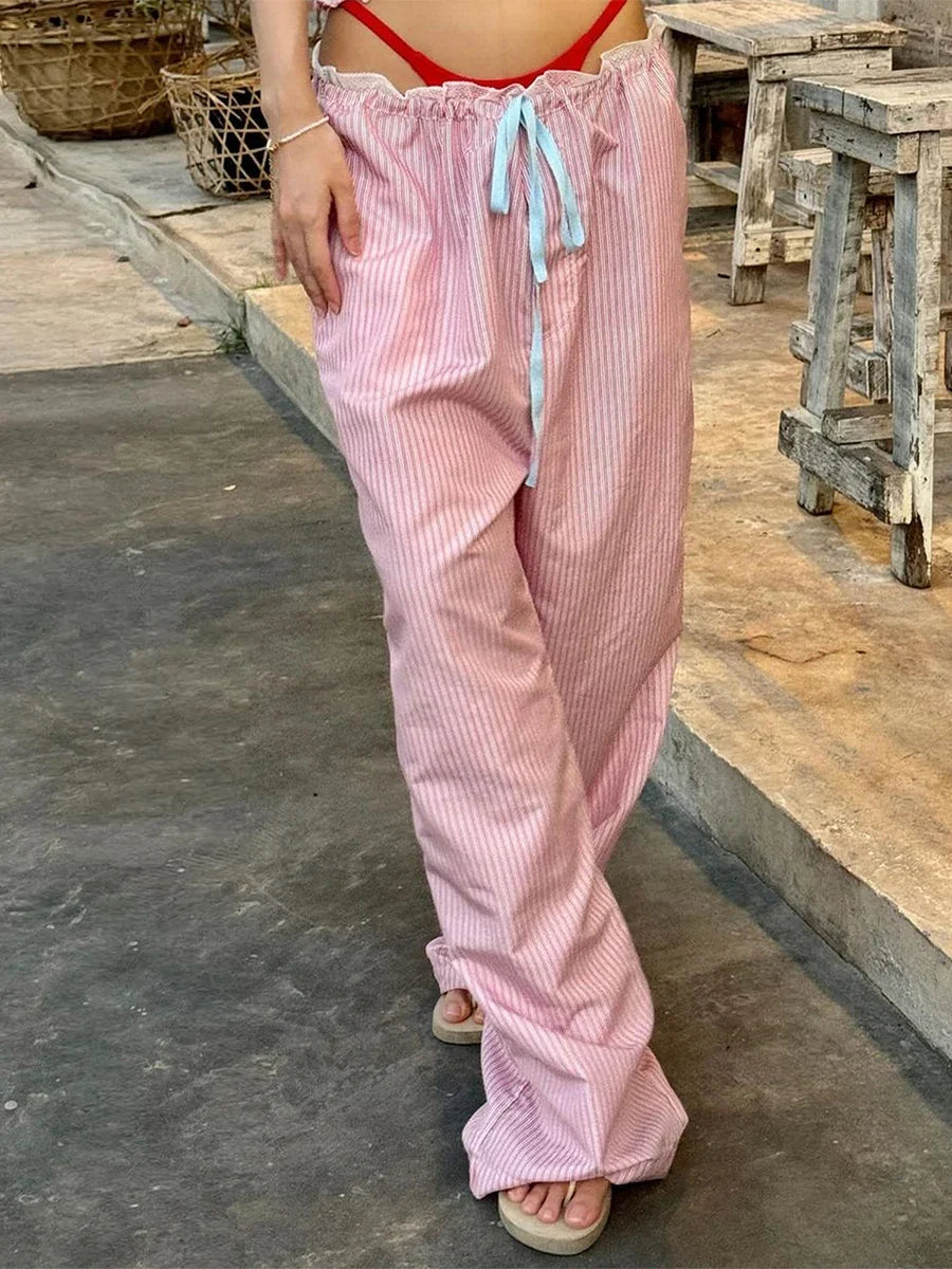 New Fashion Women Loose Pants Stripe Drawstring Elastic Waist Trousers Spring Summer Casual Sweatpants Hot Sale S M L