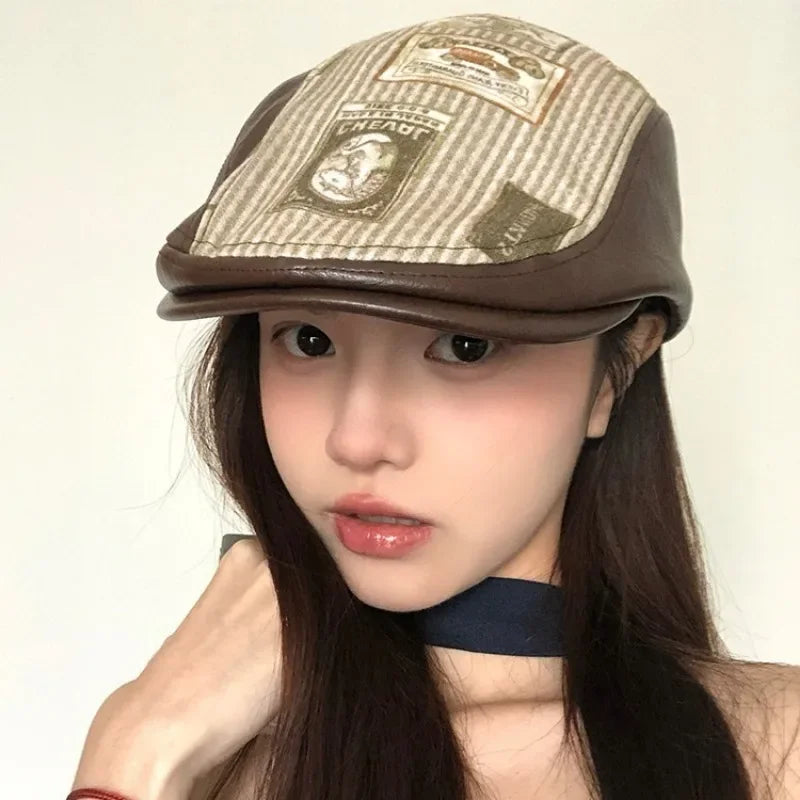 Japanese Retro Printed PU Leather Forward Hats for Women Summer and Autumn New Niche Splicing British Berets Caps Men